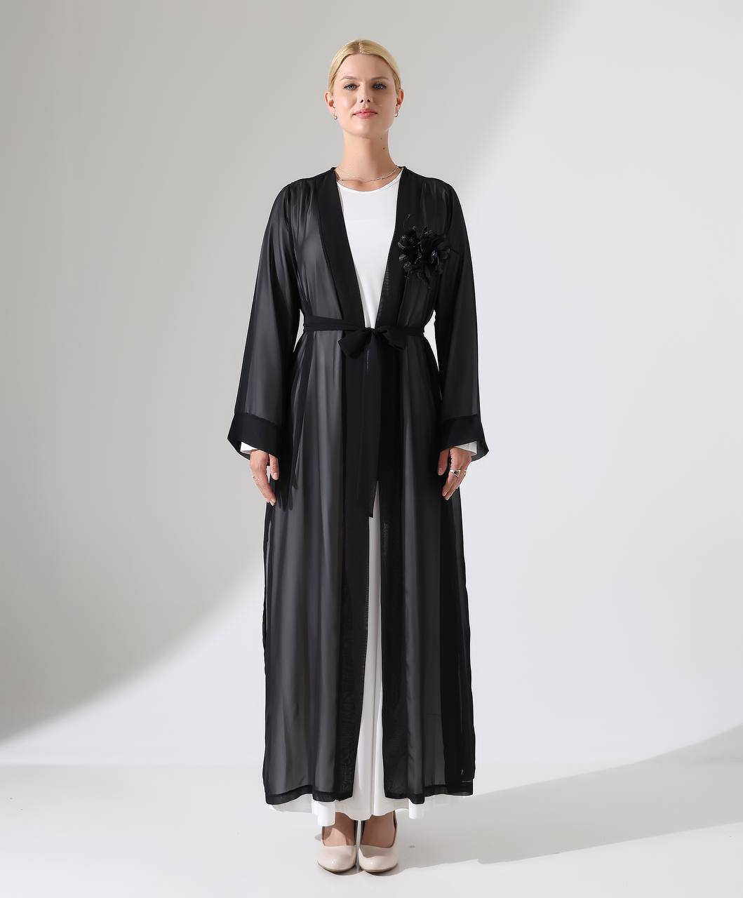 Elegant Turkish Sheer Abaya with Detachable Rose Brooch - 25244