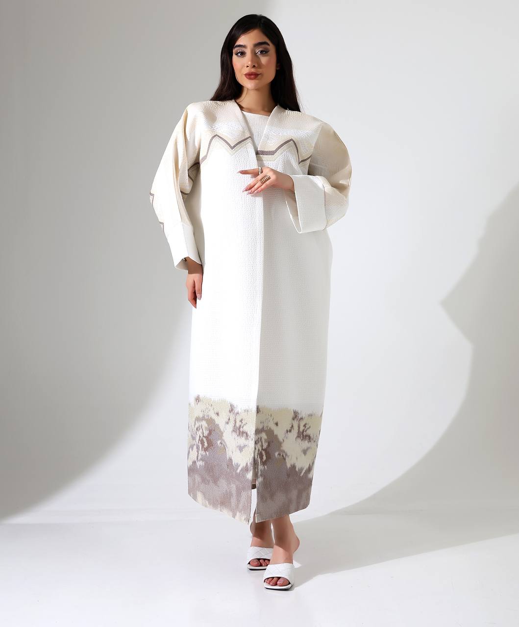 Artistic Turkish Textured Kaftan with Embellished Yoke and Abstract Hem - 25220