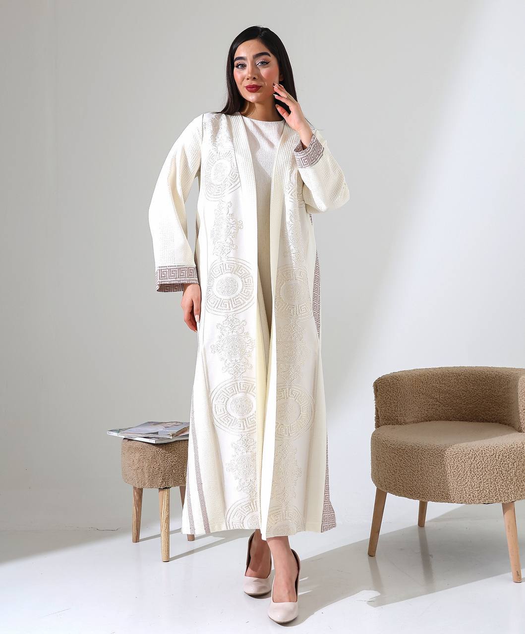 Luxurious Turkish Textured Abaya with Tonal Embroidery and Geometric Trim - 25100