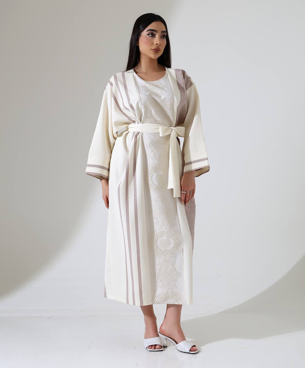 Artistic Turkish Kaftan Dress with Asymmetrical Geometric Print and Embroidery - 25201