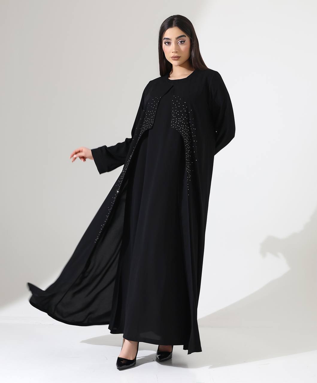 Glamorous Turkish Two-Piece Black Abaya Set with Crystal Embellishments - 25141