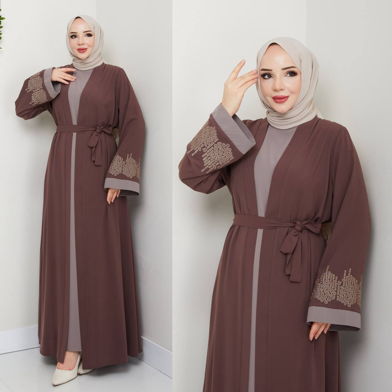 Elegant Two-Piece Turkish Abaya Set with Embroidered Sleeves - 2424-2