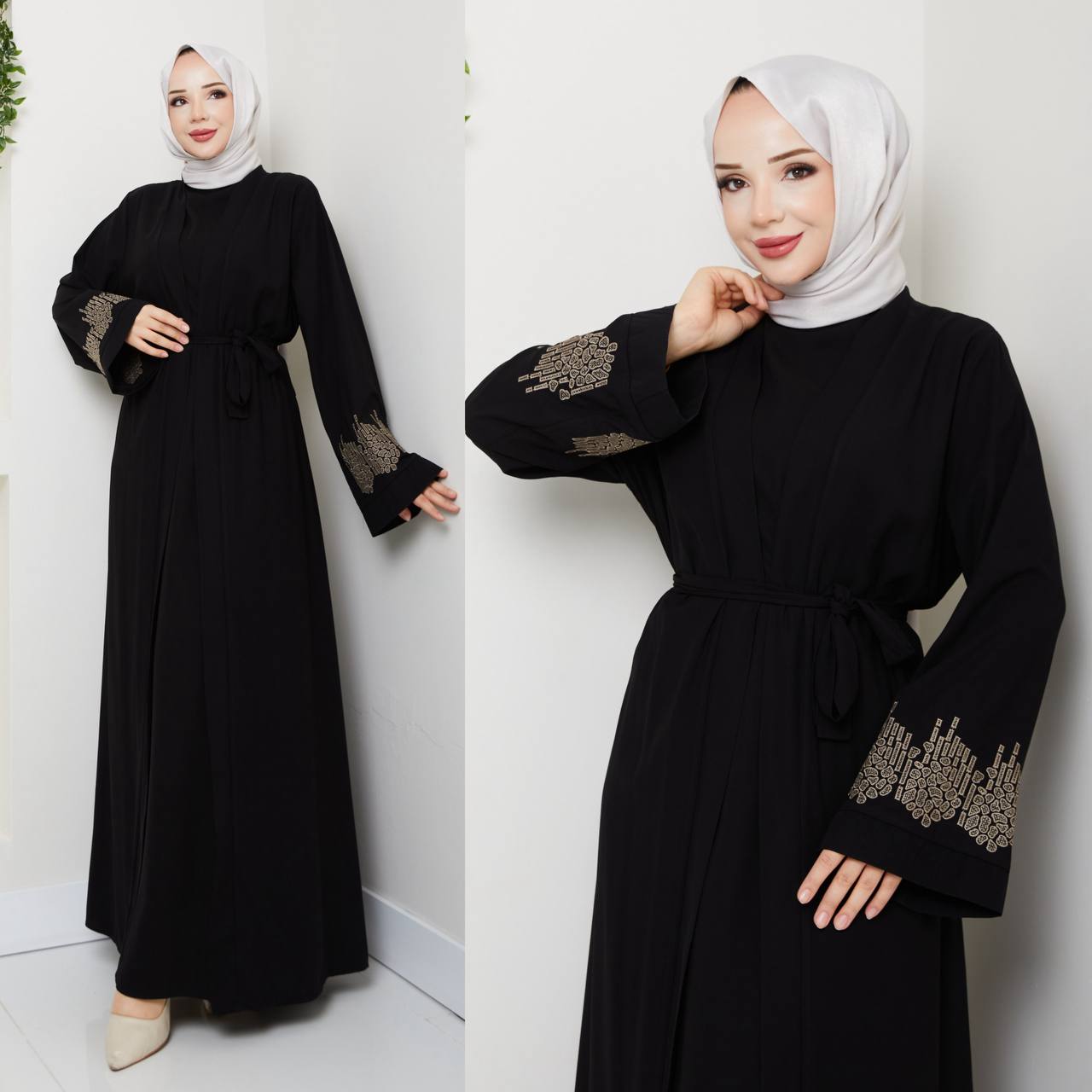 Elegant Two-Piece Turkish Abaya Set with Embroidered Sleeves - 2424-3