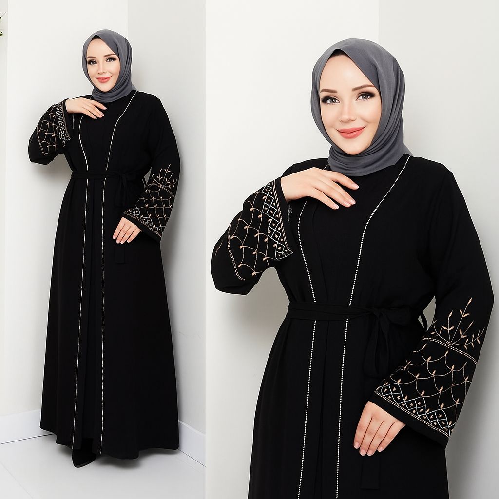 Elegant Two-Piece Turkish Abaya Set with Embroidered Sleeves - 2397